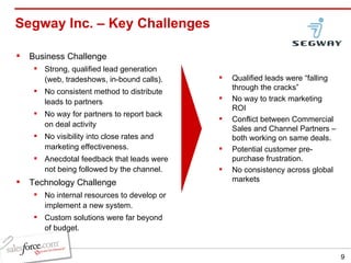 Segway Inc. – Key Challenges  Business Challenge Strong, qualified lead generation (web, tradeshows, in-bound calls). No consistent method to distribute leads to partners  No way for partners to report back on deal activity  No visibility into close rates and marketing effectiveness. Anecdotal feedback that leads were not being followed by the channel. Technology Challenge No internal resources to develop or implement a new system.  Custom solutions were far beyond of budget. Qualified leads were “falling through the cracks” No way to track marketing ROI Conflict between Commercial Sales and Channel Partners – both working on same deals. Potential customer pre-purchase frustration. No consistency across global markets 
