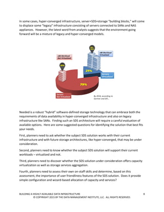 BUILDING A HIGHLY AVAILABLE DATA INFRASTRUCTURE 8
© COPYRIGHT 2015 BY THE DATA MANAGEMENT INSTITUTE, LLC. ALL RIGHTS RESERVED.
In some cases, hyper-converged infrastructure, server+SDS+storage “building blocks,” will come
to displace some “legacy” infrastructure consisting of servers connected to SANs and NAS
appliances. However, the latest word from analysts suggests that the environment going
forward will be a mixture of legacy and hyper-converged models.
Needed is a robust “hybrid” software-defined storage technology that can embrace both the
requirements of data availability in hyper-converged infrastructure and also on legacy
infrastructure like SANs. Finding such an SDS architecture will require a careful evaluation of
available options. Here are some suggested questions for identifying the solution that best fits
your needs.
First, planners need to ask whether the subject SDS solution works with their current
infrastructure and with future storage architectures, like hyper-converged, that may be under
consideration.
Second, planners need to know whether the subject SDS solution will support their current
workloads – virtualized and not.
Third, planners need to discover whether the SDS solution under consideration offers capacity
virtualization as well as storage services aggregation.
Fourth, planners need to assess their own on-staff skills and determine, based on this
assessment, the importance of user friendliness features of the SDS solution. Does it provide
simple configuration and wizard-based allocation of capacity and services?
 
