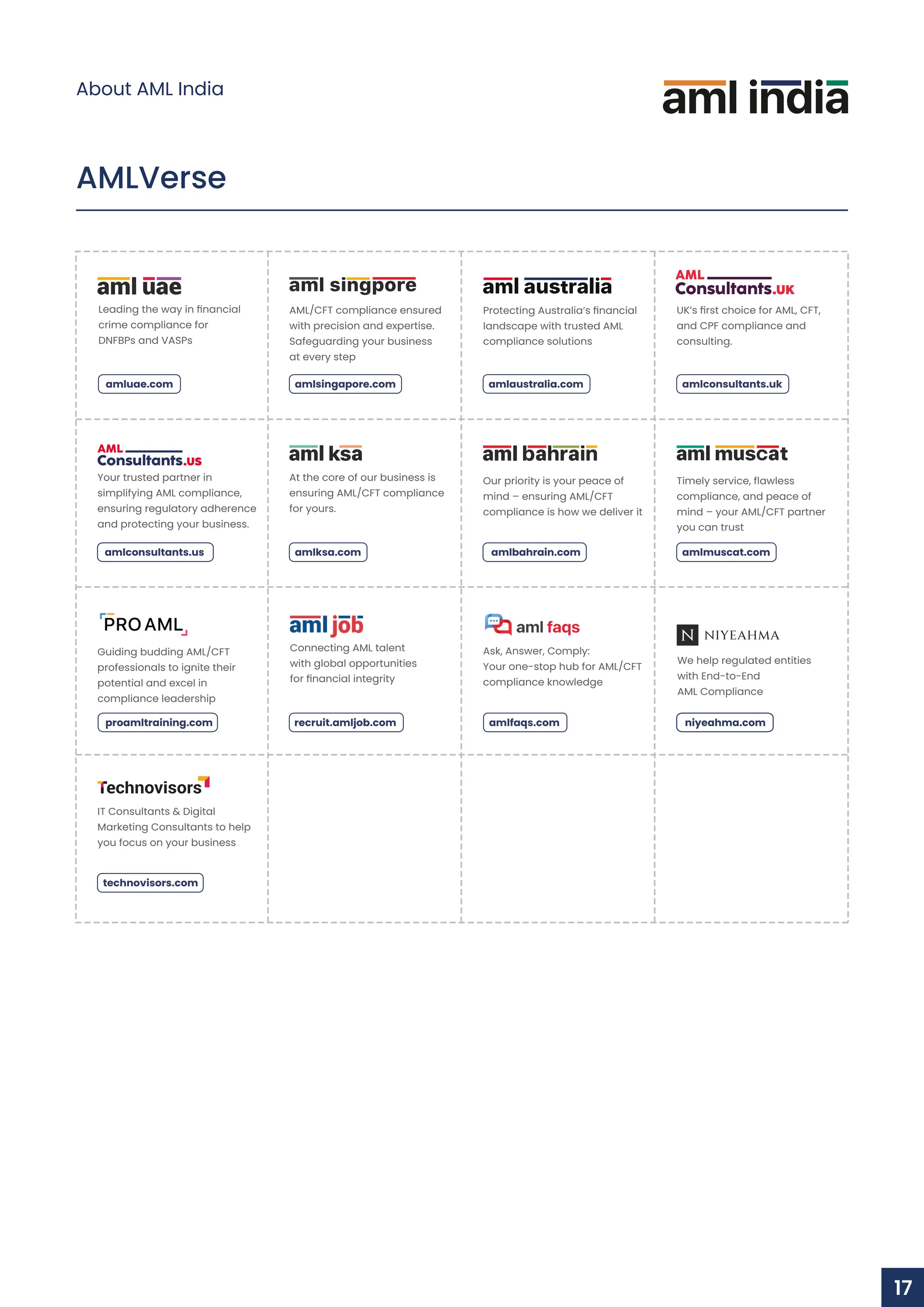 AMLVerse
Guiding budding AML/CFT
professionals to ignite their
potential and excel in
compliance leadership
proamltraining.com
Ask, Answer, Comply:
Your one-stop hub for AML/CFT
compliance knowledge
amlfaqs.com
Connecting AML talent
with global opportunities
for ﬁnancial integrity
recruit.amljob.com
At the core of our business is
ensuring AML/CFT compliance
for yours.
amlksa.com amlbahrain.com
Our priority is your peace of
mind – ensuring AML/CFT
compliance is how we deliver it
amlmuscat.com
Timely service, ﬂawless
compliance, and peace of
mind – your AML/CFT partner
you can trust
Your trusted partner in
simplifying AML compliance,
ensuring regulatory adherence
and protecting your business.
amlconsultants.us
AML/CFT compliance ensured
with precision and expertise.
Safeguarding your business
at every step
amlsingapore.com
UK’s ﬁrst choice for AML, CFT,
and CPF compliance and
consulting.
amlconsultants.uk
Leading the way in ﬁnancial
crime compliance for
DNFBPs and VASPs
amluae.com
Protecting Australia’s ﬁnancial
landscape with trusted AML
compliance solutions
amlaustralia.com
We help regulated entities
with End-to-End
AML Compliance
niyeahma.com
IT Consultants & Digital
Marketing Consultants to help
you focus on your business
technovisors.com
About AML India
17
 
