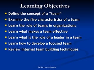 Learning Objectives Define the concept of a “team” Examine the five characteristics of a team Learn the role of teams in organizations Learn what makes a team effective Learn what is the role of a leader in a team Learn how to develop a focused team Review internal team building techniques 