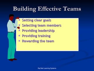 Setting clear goals  Selecting team members Providing leadership Providing training Rewarding the team Building Effective Teams 