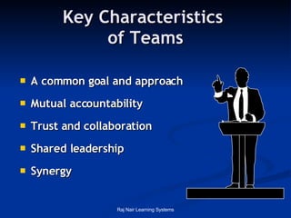 Key Characteristics  of Teams A common goal and approach Mutual accountability Trust and collaboration Shared leadership Synergy 