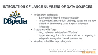 9
INTEGRATION OF LARGE NUMBERS OF DATA SOURCES
Groth, Paul, "The Knowledge-Remixing Bottleneck," Intelligent Systems, IEEE
, vol.28, no.5, pp.44,48, Sept.-Oct. 2013 doi: 10.1109/MIS.2013.138
• 10 different extractors
• E.g mapping-based infobox extractor
• Infobox uses a hand-built ontology based on the 350
• Based on acommonly used English language
infoboxes
• Integrates with Yago
• Yago relies on Wikipedia + Wordnet
• Upper ontology from Wordnet and then a mapping to
Wikipedia categories based frequencies
• Wordnet is built by psycholinguists
 
