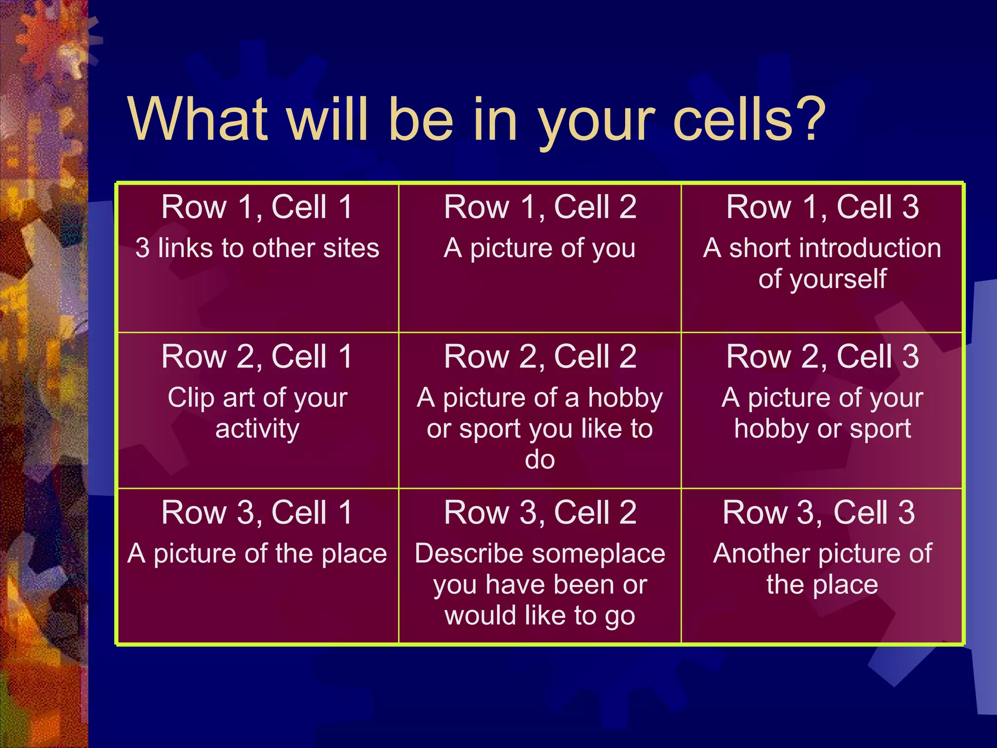 What will be in your cells? Row 3, Cell 3   Another picture of the place Row 3, Cell 2 Describe someplace you have been or would like to go Row 3, Cell 1 A picture of the place Row 2, Cell 3 A picture of your hobby or sport Row 2, Cell 2 A picture of a hobby or sport you like to do Row 2, Cell 1 Clip art of your activity Row 1, Cell 3 A short introduction of yourself Row 1, Cell 2 A picture of you Row 1, Cell 1 3 links to other sites 