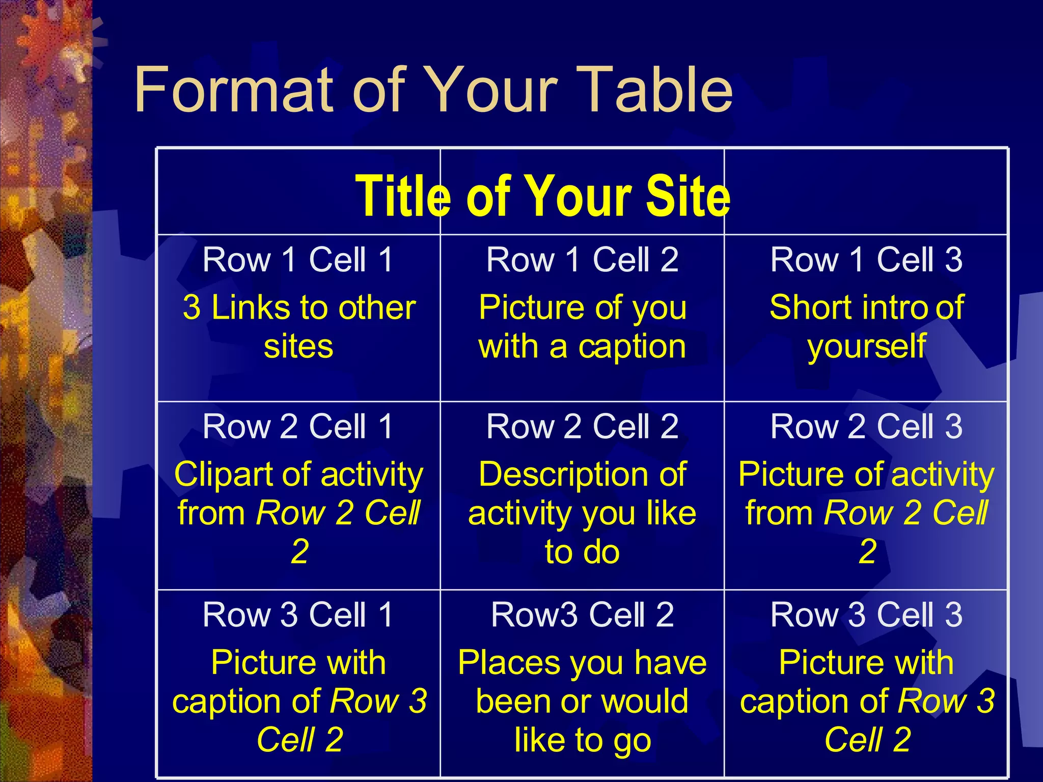 Format of Your Table Title of Your Site Row 3 Cell 3 Picture with caption of  Row 3 Cell 2 Row3 Cell 2 Places you have been or would like to go Row 3 Cell 1 Picture with caption of  Row 3 Cell 2 Row 2 Cell 3 Picture of activity from  Row 2 Cell 2 Row 2 Cell 2 Description of activity you like to do Row 2 Cell 1 Clipart of activity from  Row 2 Cell 2 Row 1 Cell 3 Short intro of yourself Row 1 Cell 2 Picture of you with a caption Row 1 Cell 1 3 Links to other sites 