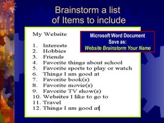 Brainstorm a list  of Items to include Microsoft Word Document Save as: Website Brainstorm Your Name 