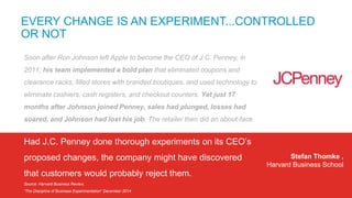 Soon after Ron Johnson left Apple to become the CEO of J.C. Penney, in
2011, his team implemented a bold plan that eliminated coupons and
clearance racks, filled stores with branded boutiques, and used technology to
eliminate cashiers, cash registers, and checkout counters. Yet just 17
months after Johnson joined Penney, sales had plunged, losses had
soared, and Johnson had lost his job. The retailer then did an about-face.
Had J.C. Penney done thorough experiments on its CEO’s
proposed changes, the company might have discovered
that customers would probably reject them.
Source: Harvard Business Review,
“The Discipline of Business Experimentation” December 2014
EVERY CHANGE IS AN EXPERIMENT...CONTROLLED
OR NOT
Stefan Thomke ,
Harvard Business School
 
