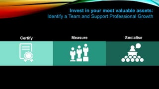 Invest in your most valuable assets:
Identify a Team and Support Professional Growth
Certify Measure Socialise
 