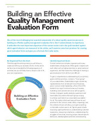 WHITE PAPER
Building an Effective
Quality Management
Evaluation Form
Be Organized from the Start
Think through the entire process you will follow to
create and refine your evaluation forms. In this article
we have recommended the following sequence of
activities, but you will likely have to tweak it a bit to fit
your own organization:
One of the most challenging but essential components of a robust quality assurance process is
building an effective quality management evaluation form. Don’t underestimate its importance.
It embodies the most important objectives of the contact center and is the gold standard against
which agent behaviors are measured. In this article, we’ll examine some best practices for creating
great evaluation forms and give you a formula that really works.
Identify Important Goals
Contact centers are complex organisms with many
stakeholders and objectives. Often goals compete with
each other such as high productivity vs. great customer
experience, and that makes the challenge of creating a
good evaluation form all the more difficult.
To get a comprehensive understanding of your primary
goals and their priorities, conduct a “focus group”
of your stakeholders. Stakeholders might include key
representatives from all relevant lines of business,
senior contact center leadership, office of the CFO,
leaders from major functional areas such as sales,
marketing and customer service as well as agents,
trainers, managers, quality analysts, supervisors and
team leads. Document what each group is trying
to achieve, and make it as consumable as possible
for all. The reality is that each area will have its own
priorities for the contact center (often competing), and
this collective forum will allow you to get everything
on the table in plain view to all. Typical goals include
improving agent performance, understanding customer
experience, measuring compliance, understanding the
struggles of new hires, ensuring proper channel-specific
behaviors, identifying best practices and evaluating
CreateScoringQuestions
Asses
s
W
eights for Scoring Structure Form
Te
m
plate
MapGoalstoKPIs
Indentify Important
G
oals
Te
st Correllations
Building an Effective
Evaluation Form
 