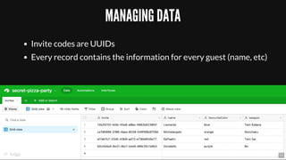 MANAGING DATA
Invite codes are UUIDs
Every record contains the information for every guest (name, etc)
loige 14
 