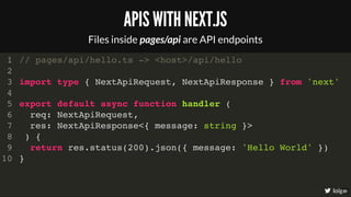 // pages/api/hello.ts -> <host>/api/hello
import type { NextApiRequest, NextApiResponse } from 'next'
export default async...