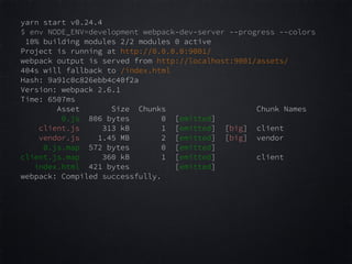 yarn start v0.24.4
$ env NODE_ENV=development webpack-dev-server --progress --colors
10% building modules 2/2 modules 0 active
Project is running at http://0.0.0.0:9001/
webpack output is served from http://localhost:9001/assets/
404s will fallback to /index.html
Hash: 9a91c0c826ebb4c40f2a
Version: webpack 2.6.1
Time: 6507ms
Asset Size Chunks Chunk Names
0.js 806 bytes 0 [emitted]
client.js 313 kB 1 [emitted] [big] client
vendor.js 1.45 MB 2 [emitted] [big] vendor
0.js.map 572 bytes 0 [emitted]
client.js.map 360 kB 1 [emitted] client
index.html 421 bytes [emitted]
webpack: Compiled successfully.
 