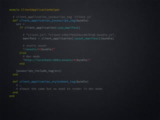 module ClientApplicationHelper
# client_application_javascript_tag 'client.js' 
def client_application_javascript_tag(bundle)  
src =  
if client_application[:use_manifest]
# "client.js": "client-149e7f81934ccd4797d6.bundle.js",  
manifest = client_application[:asset_manifest][bundle]
 
# static asset 
"/assets/#{bundle}"  
else
# dev mode 
"http://localhost:9001/assets/#{bundle}"  
end  
 
javascript_include_tag(src) 
end  
 
def client_application_stylesheet_tag(bundle)
# …
# almost the same but no need to render in dev mode 
end  
end  
 
 