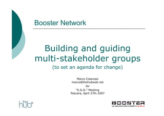 Booster Network


 Building and guiding
multi-stakeholder groups
     (to set an agenda for change)

                Marco Colarossi
             marco@thehubweb.net
                      for
               “E.G.O.” Meeting
            Pescara, April 27th 2007