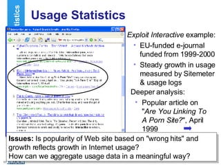 Usage Statistics Exploit Interactive  example: EU-funded e-journal funded from 1999-2000 Steady growth in usage measured by Sitemeter & usage logs Usage Statistics Issues:  Is popularity of Web site based on "wrong hits" and growth reflects growth in Internet usage?  How can we aggregate usage data in a meaningful way? Deeper analysis: Popular article on " Are You Linking To A Porn Site? ", April 1999 