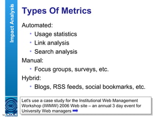 Types Of Metrics Automated: Usage statistics  Link analysis Search analysis Manual: Focus groups, surveys, etc. Hybrid: Blogs, RSS feeds, social bookmarks, etc. Let's use a case study for the Institutional Web Management Workshop (IWMW) 2006 Web site – an annual 3 day event for University Web managers Impact Analysis 
