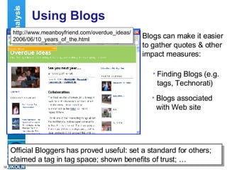 Using Blogs Blogs can make it easier to gather quotes & other impact measures: Impact Analysis http://j4.livejournal.com/2006/06/19/ Blogs provides good indication of user satisfaction and of impact analysis of event "I've come back with ideas to …" Finding Blogs (e.g. tags, Technorati) http://www.meanboyfriend.com/overdue_ideas/ 2006/06/10_years_of_the.html Blogs associated with Web site Official Bloggers has proved useful: set a standard for others; claimed a tag in tag space; shown benefits of trust; … 