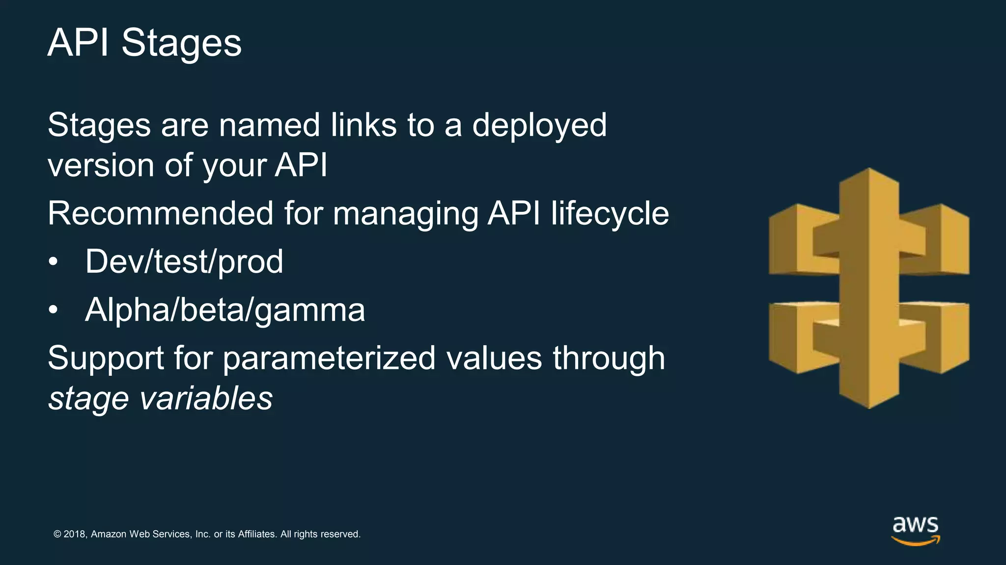 © 2018, Amazon Web Services, Inc. or its Affiliates. All rights reserved. Stages are named links to a deployed version of your API Recommended for managing API lifecycle • Dev/test/prod • Alpha/beta/gamma Support for parameterized values through stage variables API Stages 