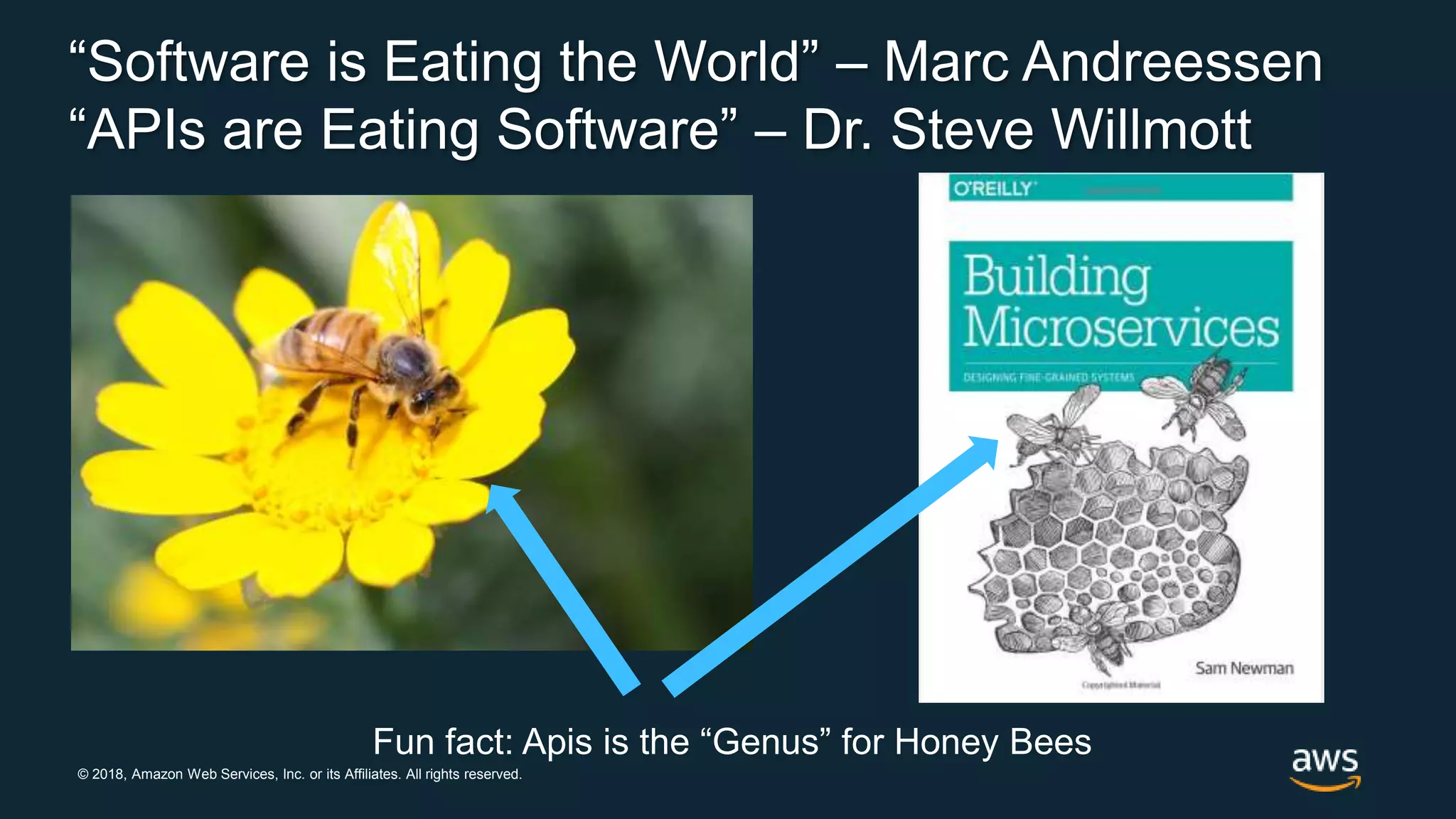 © 2018, Amazon Web Services, Inc. or its Affiliates. All rights reserved. “Software is Eating the World” – Marc Andreessen “APIs are Eating Software” – Dr. Steve Willmott Fun fact: Apis is the “Genus” for Honey Bees 
