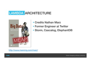 ARCHITECTURE
 Credits Nathan Marz
 Former Engineer at Twitter
 Storm, Cascalog, ElephantDB
LAMBDA
http://www.manning.com/marz/
 