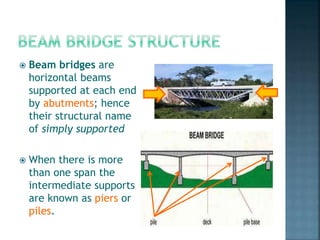  Beam bridges are
horizontal beams
supported at each end
by abutments; hence
their structural name
of simply supported
 When there is more
than one span the
intermediate supports
are known as piers or
piles.
 
