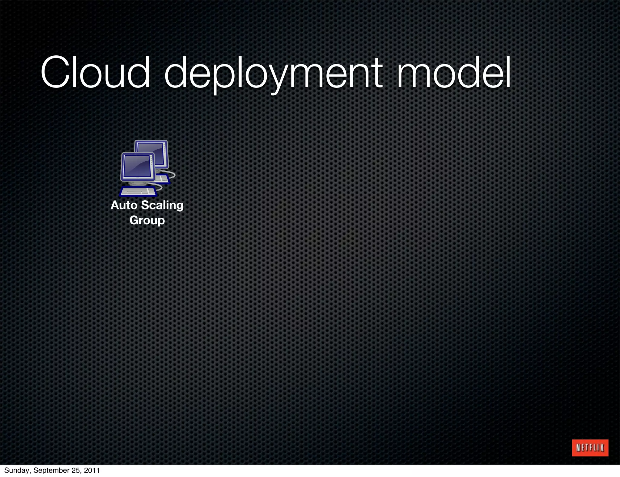 Cloud deployment model

                             Auto Scaling
                                Group




Sunday, September 25, 2011
 