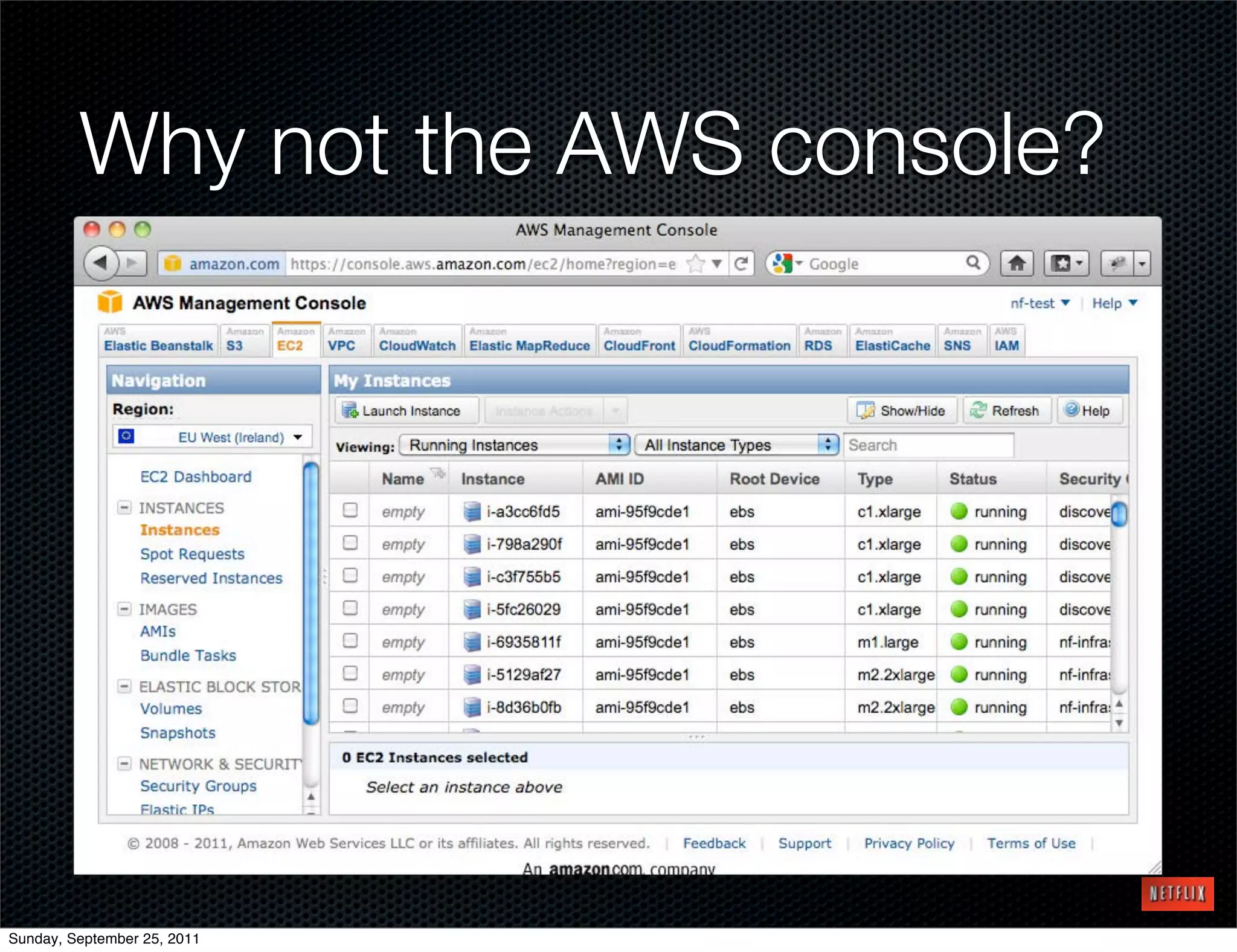 Why not the AWS console?




Sunday, September 25, 2011
 
