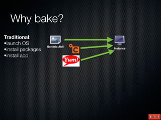 Why bake?
Traditional:
•launch OS
                    Generic AMI
•install packages                 Instance

•install app
 
