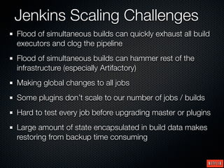 Jenkins Scaling Challenges
Flood of simultaneous builds can quickly exhaust all build
executors and clog the pipeline
Flood of simultaneous builds can hammer rest of the
infrastructure (especially Artifactory)
Making global changes to all jobs
Some plugins don’t scale to our number of jobs / builds
Hard to test every job before upgrading master or plugins
Large amount of state encapsulated in build data makes
restoring from backup time consuming
 