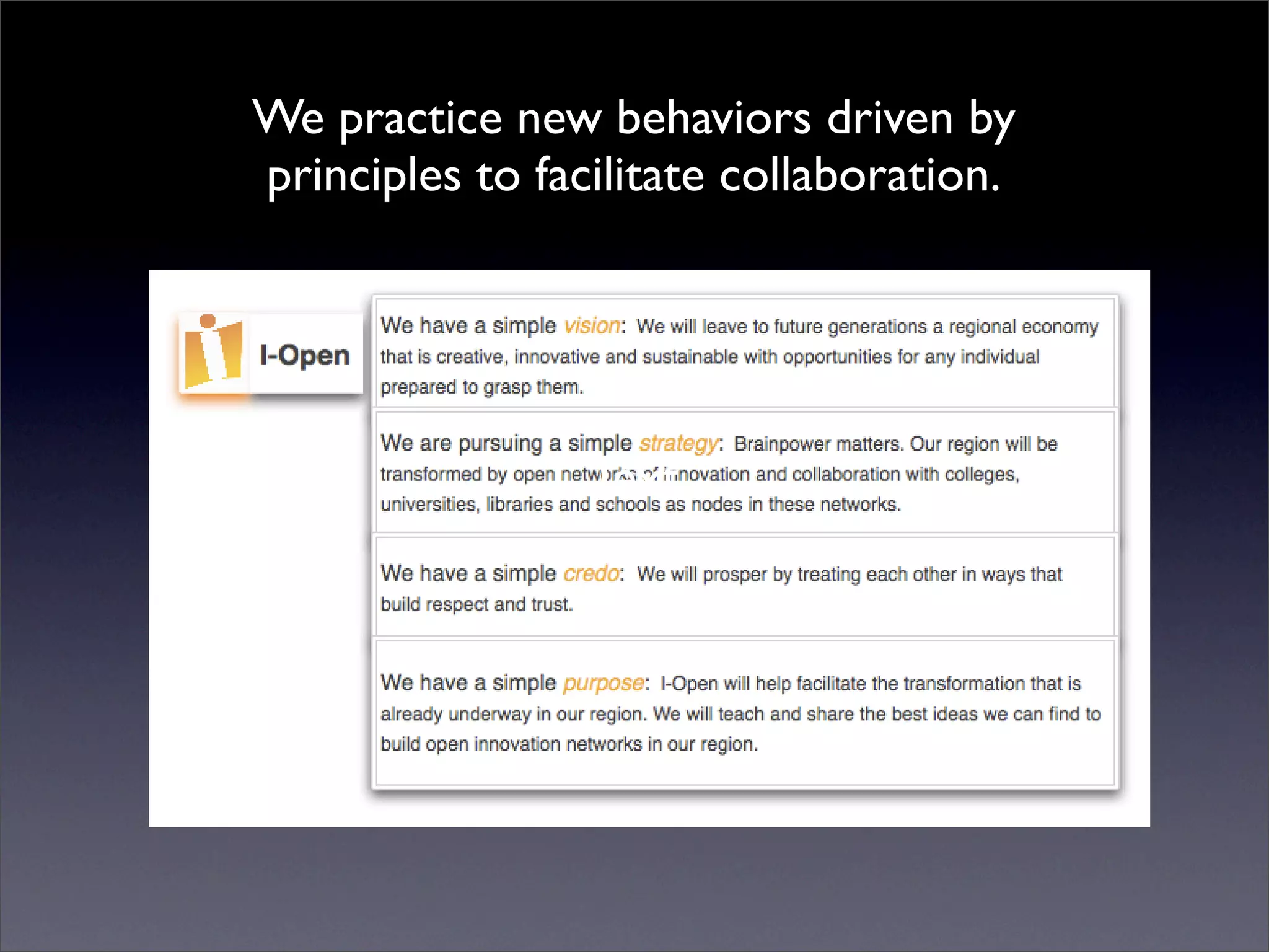 We practice new behaviors driven by
principles to facilitate collaboration.




                 Text
 