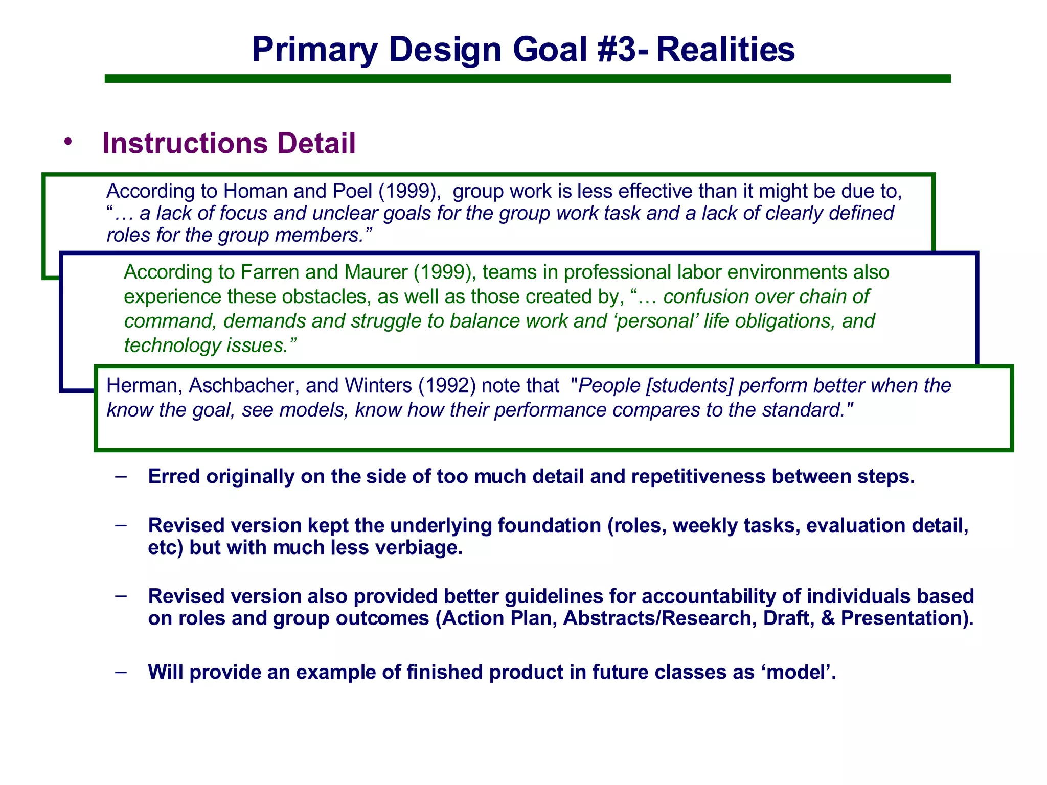 Primary Design Goal #3- Realities Instructions Detail Erred originally on the side of too much detail and repetitiveness between steps. Revised version kept the underlying foundation (roles, weekly tasks, evaluation detail, etc) but with much less verbiage.  Revised version also provided better guidelines for accountability of individuals based on roles and group outcomes (Action Plan, Abstracts/Research, Draft, & Presentation).  Will provide an example of finished product in future classes as ‘model’.  According to Homan and Poel (1999),  group work is less effective than it might be due to, “ … a lack of focus and unclear goals for the group work task and a lack of clearly defined roles for the group members.” According to Farren and Maurer (1999), teams in professional labor environments also experience these obstacles, as well as those created by, “…  confusion over chain of command, demands and struggle to balance work and ‘personal’ life obligations, and technology issues.” Herman, Aschbacher, and Winters (1992) note that  " People [students] perform better when the know the goal, see models, know how their performance compares to the standard."   