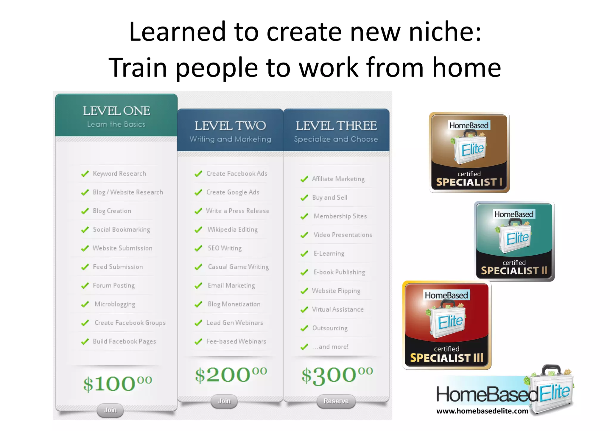 Learned	
  to	
  create	
  new	
  niche:	
  
Train	
  people	
  to	
  work	
  from	
  home	
  




                                        www.homebasedelite.com	
  
 