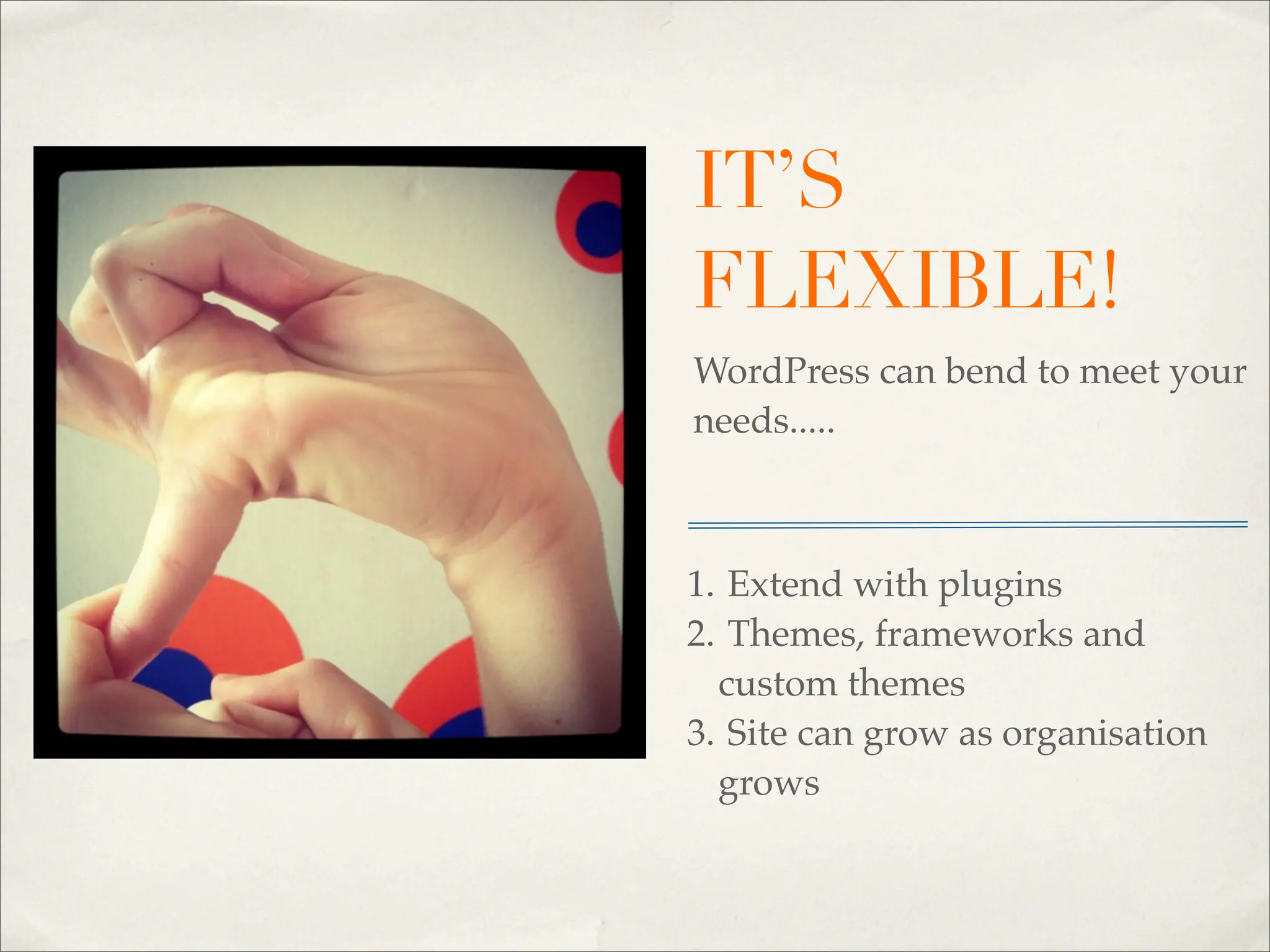 IT’S
FLEXIBLE!
WordPress can bend to meet your
needs.....



1. Extend with plugins
2. Themes, frameworks and
  custom themes
3. Site can grow as organisation
  grows
 