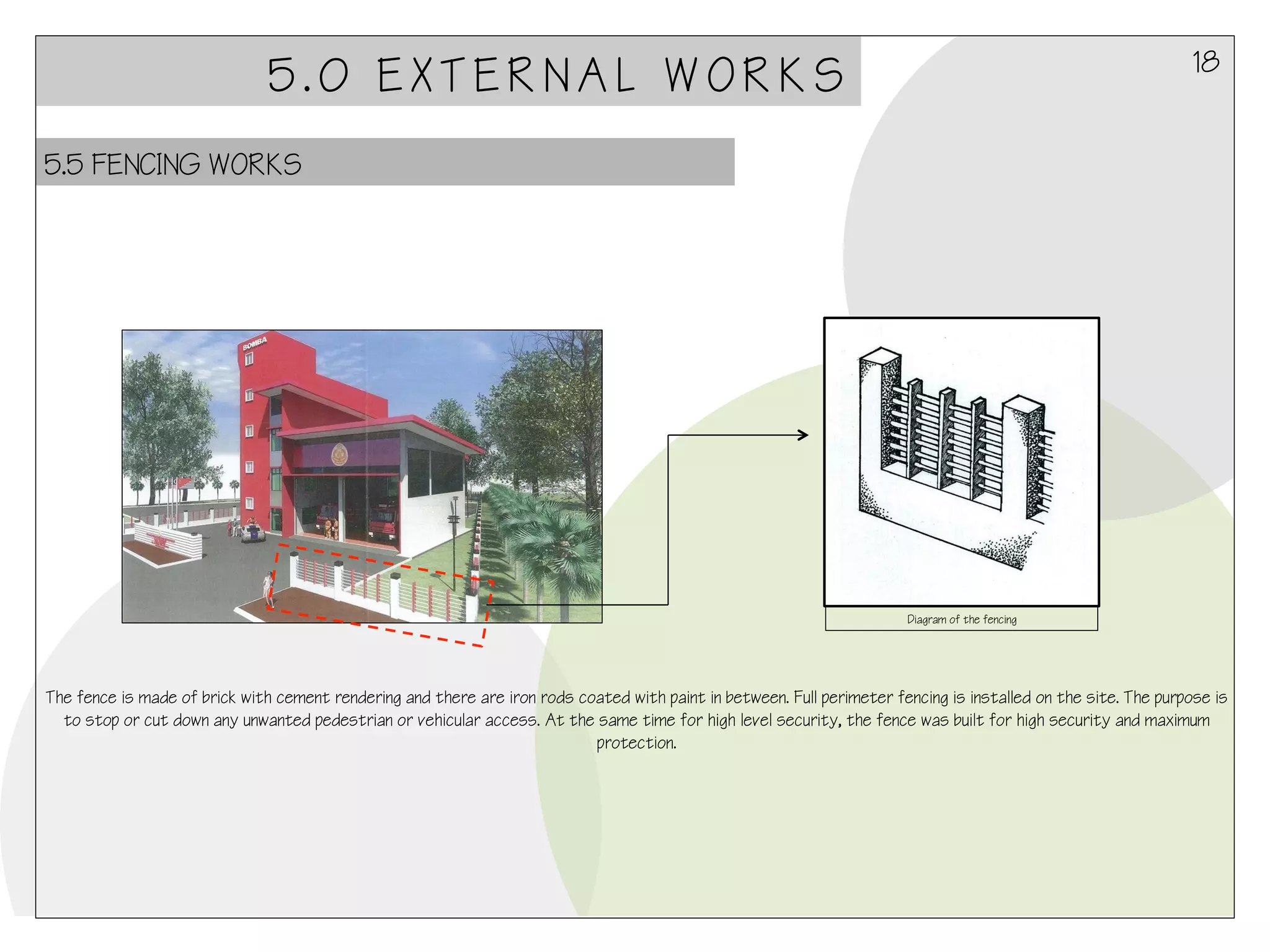18

5.0 EXTERNAL WORKS
5.5 FENCING WORKS

Diagram of the fencing

The fence is made of brick with cement rendering and there are iron rods coated with paint in between. Full perimeter fencing is installed on the site. The purpose is
to stop or cut down any unwanted pedestrian or vehicular access. At the same time for high level security, the fence was built for high security and maximum
protection.

 