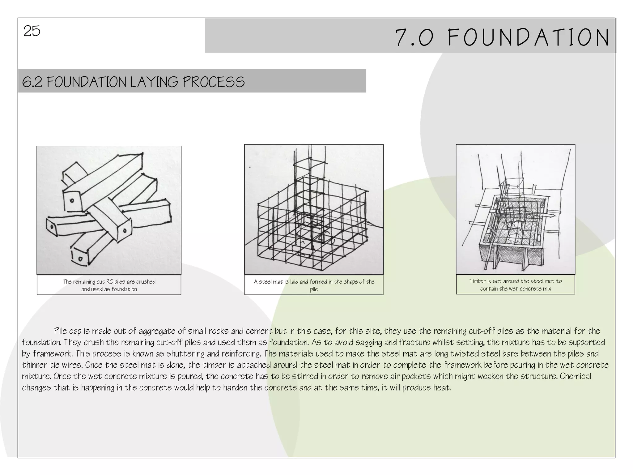25

7.0 FOUNDATION

6.2 FOUNDATION LAYING PROCESS

The remaining cut RC piles are crushed
and used as foundation

A steel mat is laid and formed in the shape of the
pile

Timber is set around the steel met to
contain the wet concrete mix

Pile cap is made out of aggregate of small rocks and cement but in this case, for this site, they use the remaining cut-off piles as the material for the
foundation. They crush the remaining cut-off piles and used them as foundation. As to avoid sagging and fracture whilst setting, the mixture has to be supported
by framework. This process is known as shuttering and reinforcing. The materials used to make the steel mat are long twisted steel bars between the piles and
thinner tie wires. Once the steel mat is done, the timber is attached around the steel mat in order to complete the framework before pouring in the wet concrete
mixture. Once the wet concrete mixture is poured, the concrete has to be stirred in order to remove air pockets which might weaken the structure. Chemical
changes that is happening in the concrete would help to harden the concrete and at the same time, it will produce heat.

 