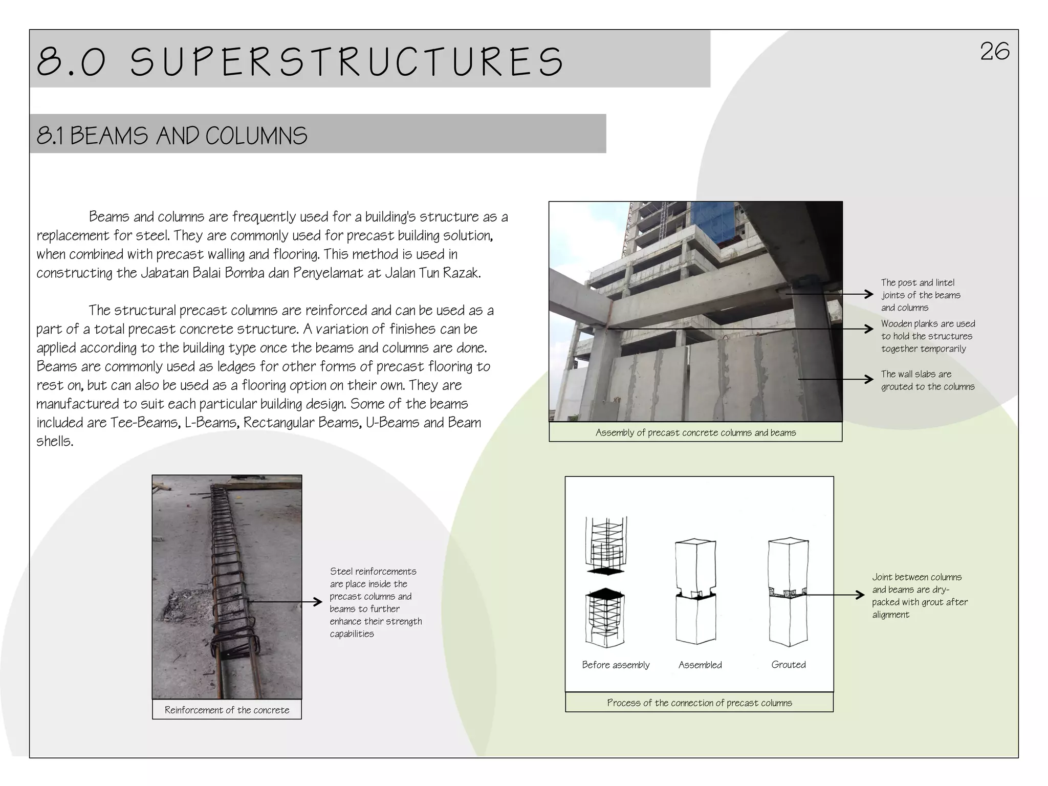 26

8.0 SUPERSTRUCTURES
8.1 BEAMS AND COLUMNS
Beams and columns are frequently used for a building's structure as a
replacement for steel. They are commonly used for precast building solution,
when combined with precast walling and flooring. This method is used in
constructing the Jabatan Balai Bomba dan Penyelamat at Jalan Tun Razak.
The structural precast columns are reinforced and can be used as a
part of a total precast concrete structure. A variation of finishes can be
applied according to the building type once the beams and columns are done.
Beams are commonly used as ledges for other forms of precast flooring to
rest on, but can also be used as a flooring option on their own. They are
manufactured to suit each particular building design. Some of the beams
included are Tee-Beams, L-Beams, Rectangular Beams, U-Beams and Beam
shells.

The post and lintel
joints of the beams
and columns
Wooden planks are used
to hold the structures
together temporarily
The wall slabs are
grouted to the columns

Assembly of precast concrete columns and beams

Steel reinforcements
are place inside the
precast columns and
beams to further
enhance their strength
capabilities

Joint between columns
and beams are drypacked with grout after
alignment

Before assembly

Reinforcement of the concrete

Assembled

Grouted

Process of the connection of precast columns

 