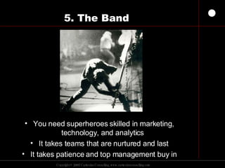 5. The Band You need superheroes skilled in marketing, technology, and analytics  It takes teams that are nurtured and last It takes patience and top management buy in 