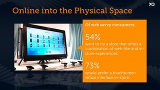 Online into the Physical Space
                  Of web savvy consumers:


                  54%
                  want to try a store that oﬀers a
                  combination of web-like and in-
                  store experiences;


                  73%
                  would prefer a touchscreen
                  virtual interface in-store.
 