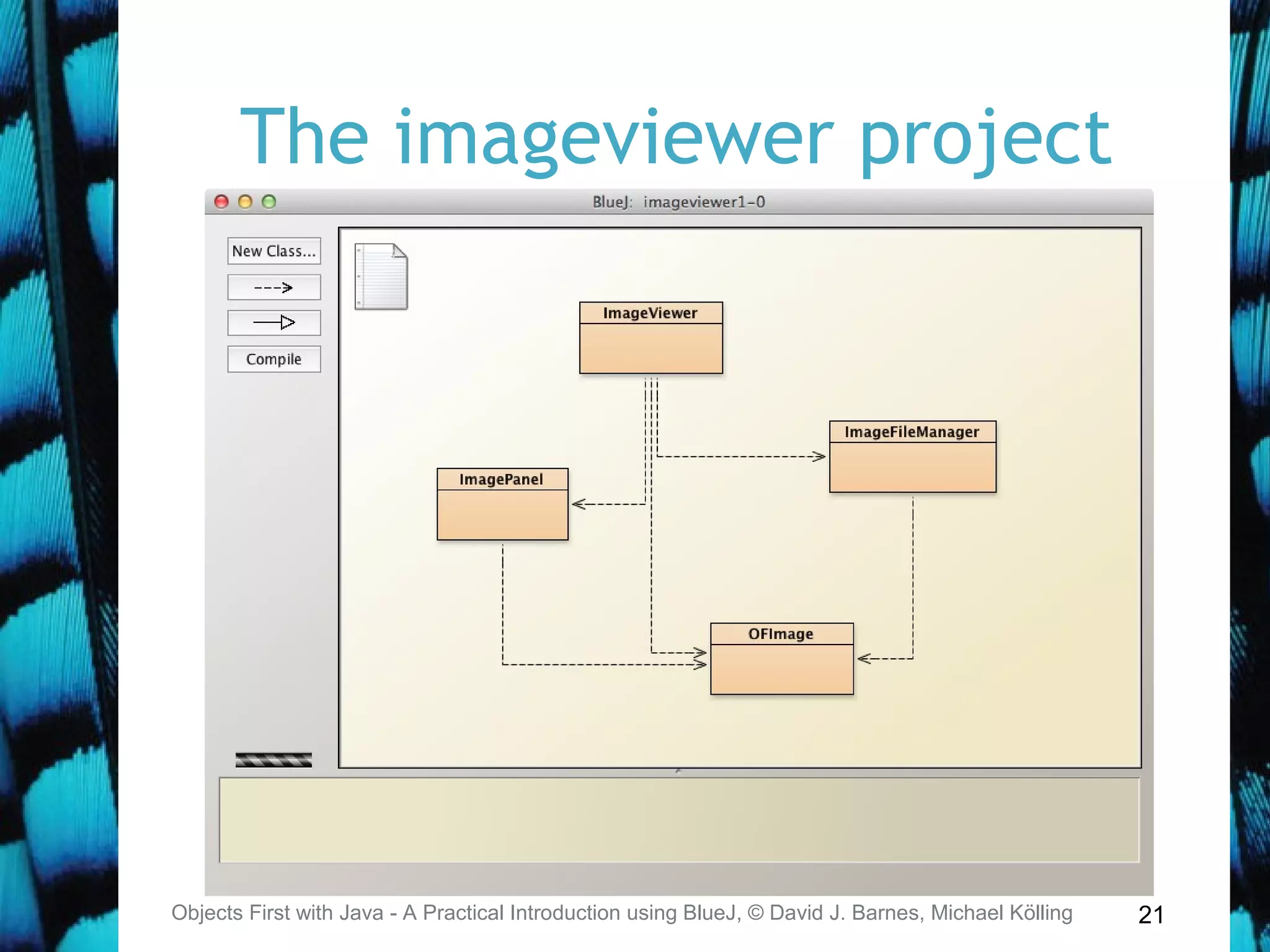 21
The imageviewer project
Objects First with Java - A Practical Introduction using BlueJ, © David J. Barnes, Michael Kölling
 