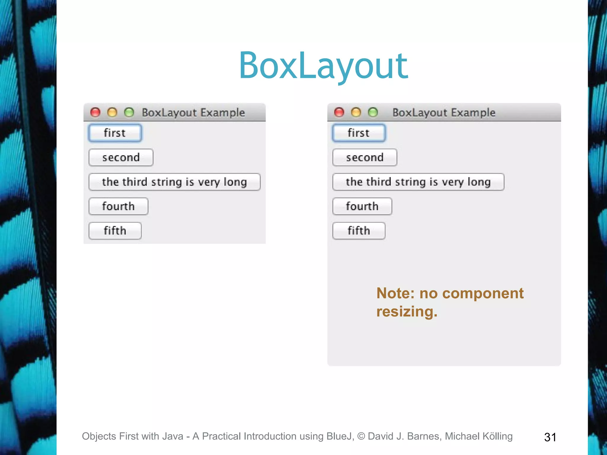 31
BoxLayout
Objects First with Java - A Practical Introduction using BlueJ, © David J. Barnes, Michael Kölling
Note: no component
resizing.
 