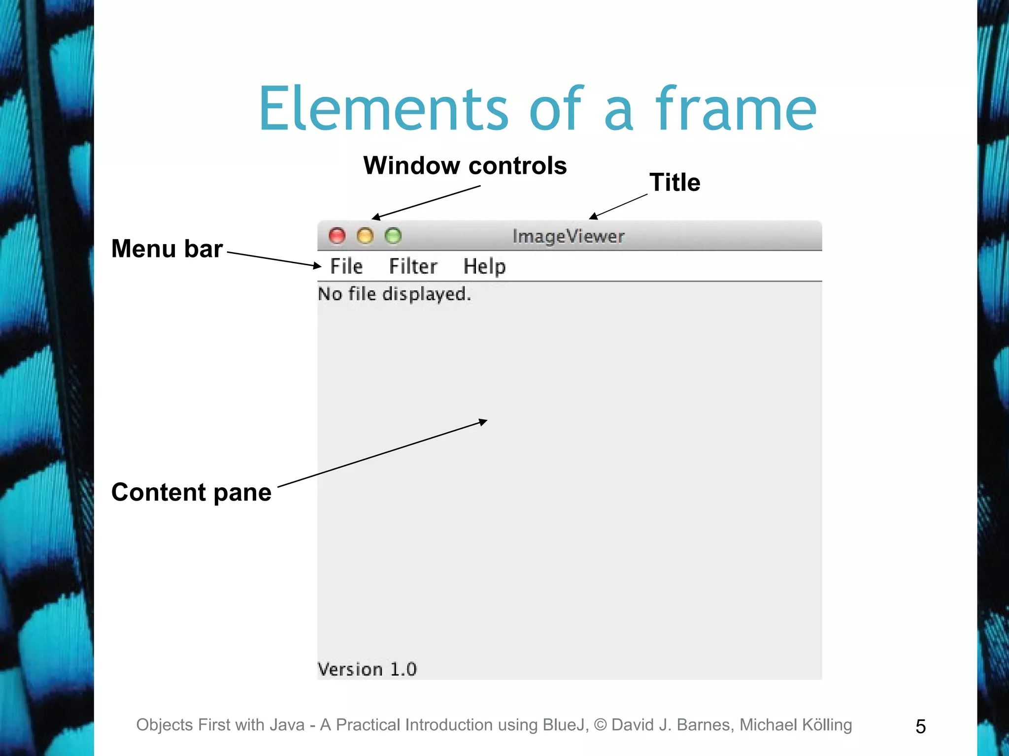 5
Elements of a frame
Objects First with Java - A Practical Introduction using BlueJ, © David J. Barnes, Michael Kölling
Title
Menu bar
Content pane
Window controls
 
