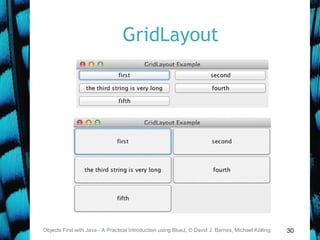 30
GridLayout
Objects First with Java - A Practical Introduction using BlueJ, © David J. Barnes, Michael Kölling
 