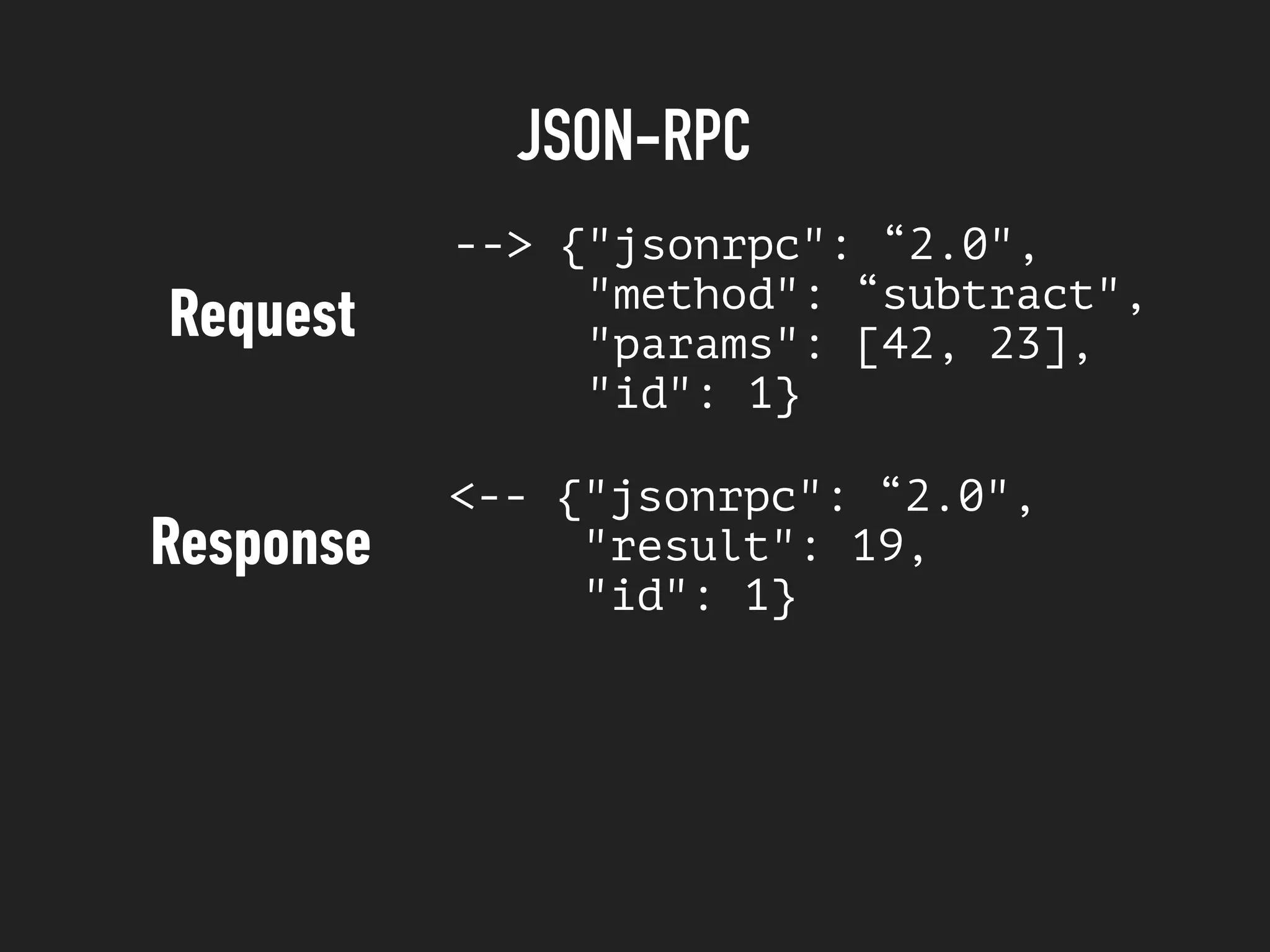 JSON-RPC
--> {"jsonrpc": “2.0",
"method": “subtract",
"params": [42, 23],
"id": 1}
Request
<-- {"jsonrpc": “2.0",
"result": 19,
"id": 1}
Response
 