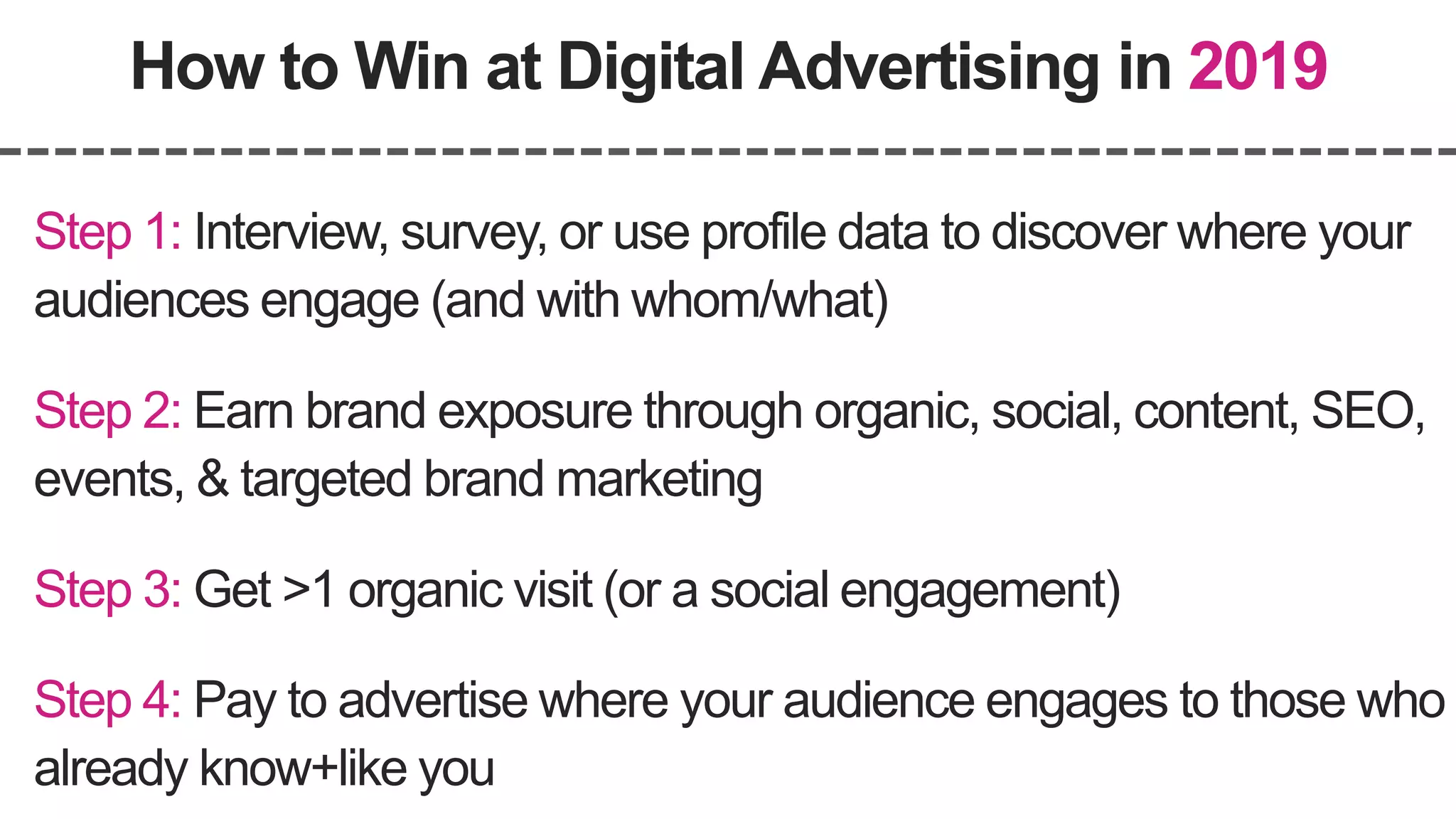 How to Win at Digital Advertising in 2019
Step 2: Earn brand exposure through organic, social, content, SEO,
events, & targeted brand marketing
Step 3: Get >1 organic visit (or a social engagement)
Step 4: Pay to advertise where your audience engages to those who
already know+like you
Step 1: Interview, survey, or use profile data to discover where your
audiences engage (and with whom/what)
 