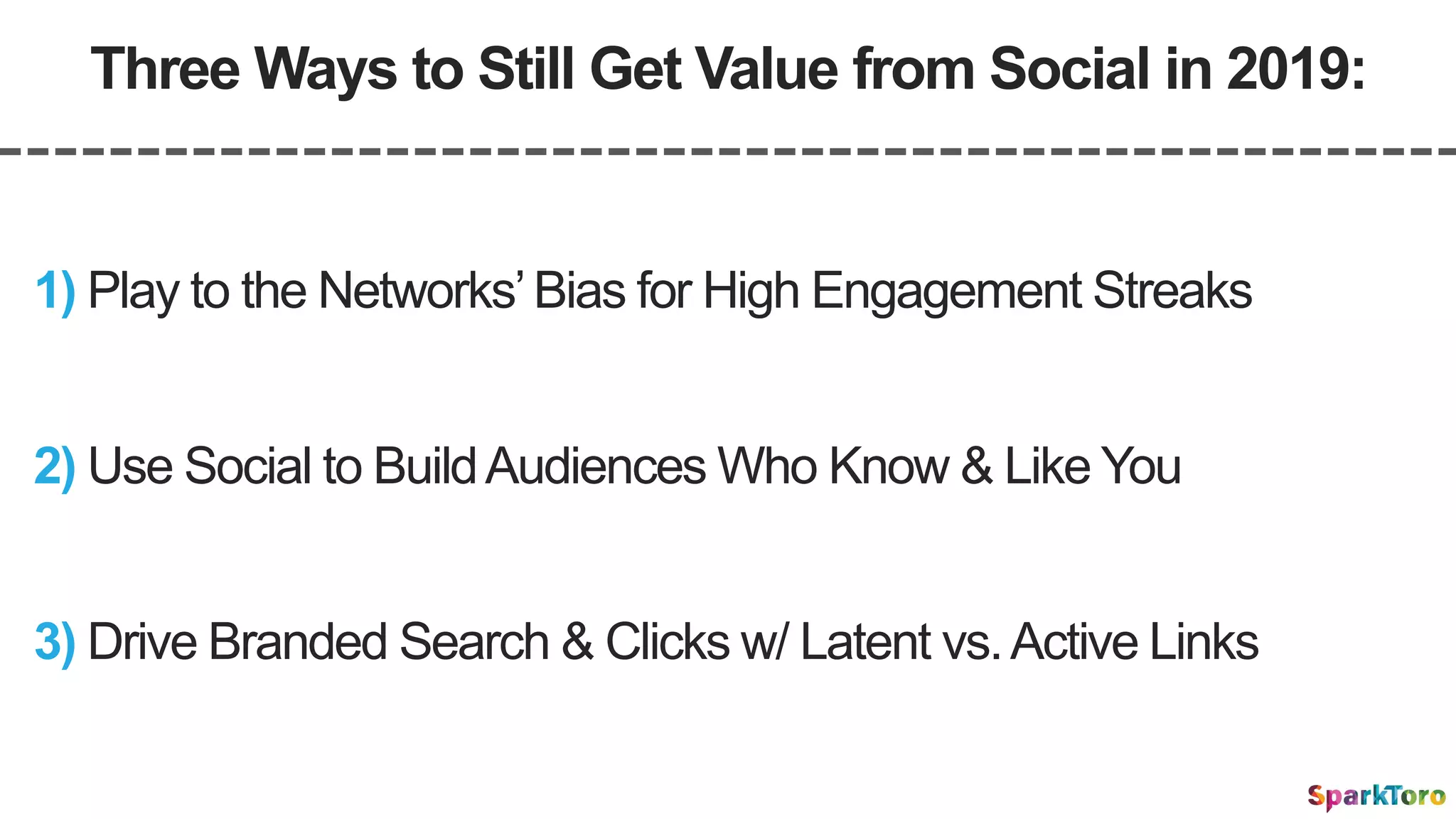Three Ways to Still Get Value from Social in 2019:
2) Use Social to BuildAudiences Who Know & Like You
1) Play to the Networks’Bias for High Engagement Streaks
3) Drive Branded Search & Clicks w/ Latent vs.Active Links
 