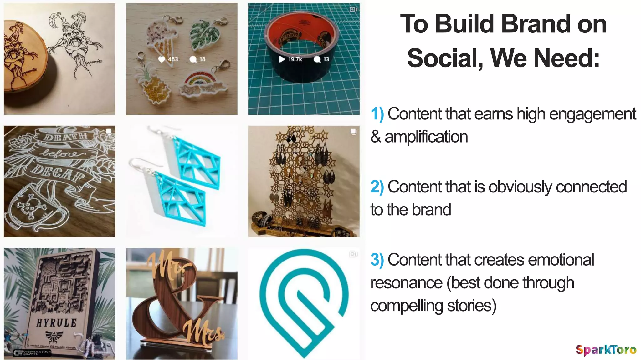 To Build Brand on
Social, We Need:
2) Content that is obviously connected
to the brand
1) Content that earns high engagement
& amplification
3) Content that creates emotional
resonance (best done through
compelling stories)
 