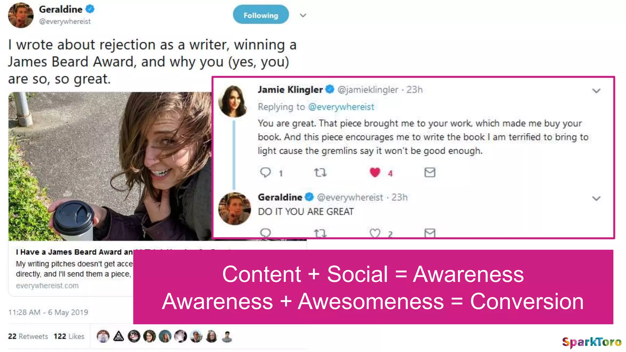 Content + Social = Awareness
Awareness + Awesomeness = Conversion
 