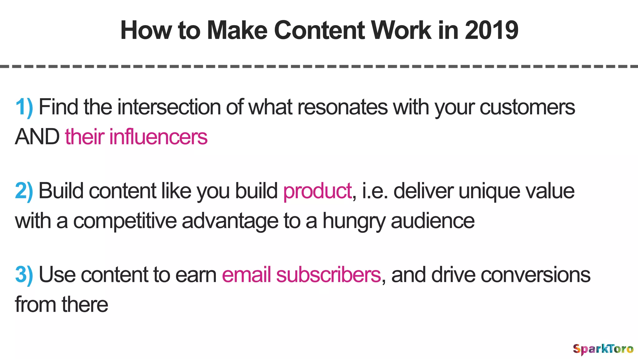 How to Make Content Work in 2019
2) Build content like you build product, i.e. deliver unique value
with a competitive advantage to a hungry audience
1) Find the intersection of what resonates with your customers
AND their influencers
3) Use content to earn email subscribers, and drive conversions
from there
 