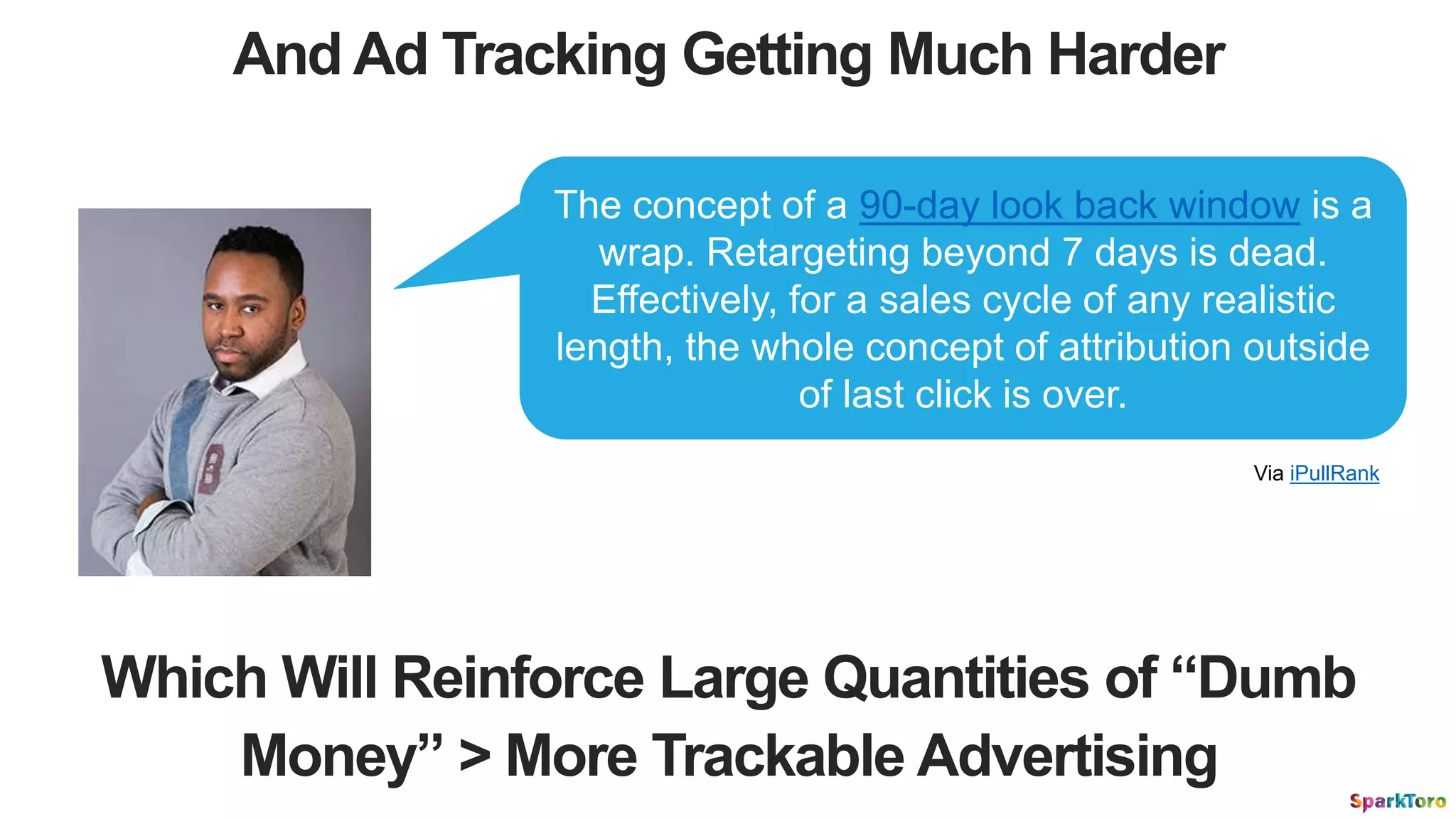 And Ad Tracking Getting Much Harder
Which Will Reinforce Large Quantities of “Dumb
Money” > More Trackable Advertising
The concept of a 90-day look back window is a
wrap. Retargeting beyond 7 days is dead.
Effectively, for a sales cycle of any realistic
length, the whole concept of attribution outside
of last click is over.
Via iPullRank
 