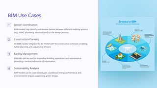 BIM Use Cases
1 Design Coordination
BIM models help identify and resolve clashes between different building systems
(e.g., HVAC, plumbing, electrical) early in the design process.
2 Construction Planning
4D BIM models integrate the 3D model with the construction schedule, enabling
better planning and sequencing of work.
3 Facility Management
BIM data can be used to streamline building operations and maintenance,
providing a centralized source of information.
4 Sustainability Analysis
BIM models can be used to evaluate a building's energy performance and
environmental impact, supporting green design.
 